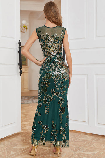 Cuello Redondo Verde Oscuro Cuentas Vestido Formal de Fiesta